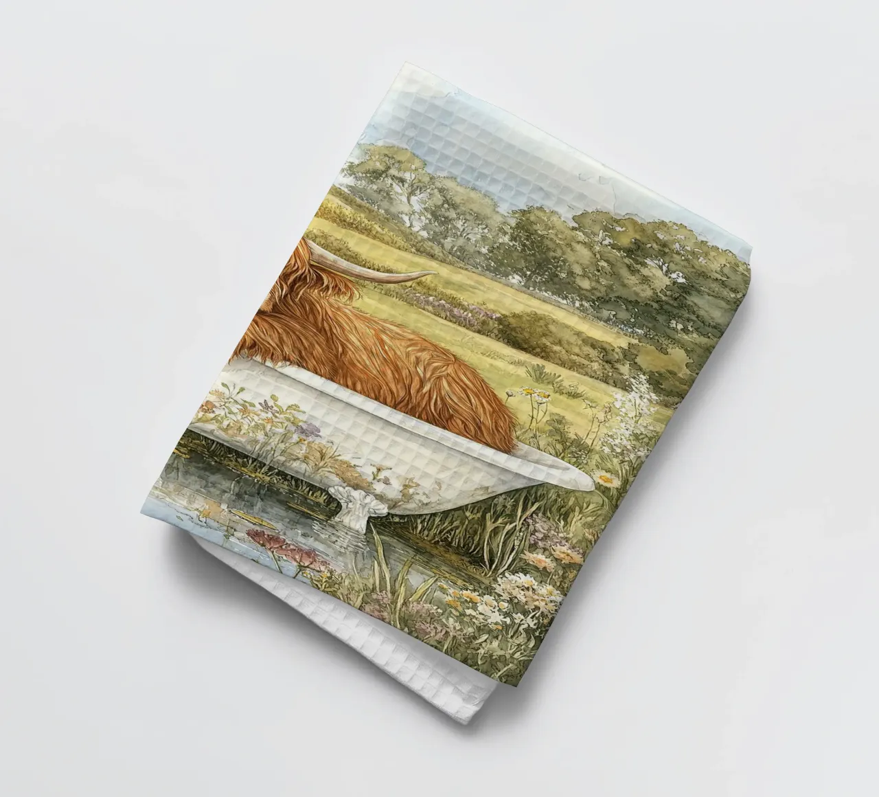 Mucca Highland nella vasca da bagno canovaccio da cucina da Nikis Art Studio