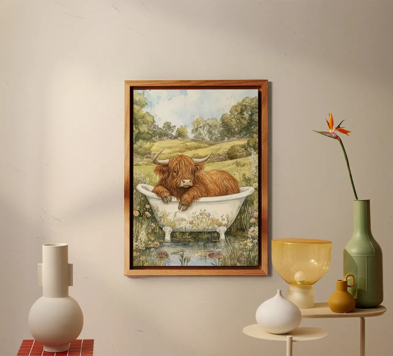 Mucca Highland nella vasca da bagno alluminio dibond da Nikis Art Studio