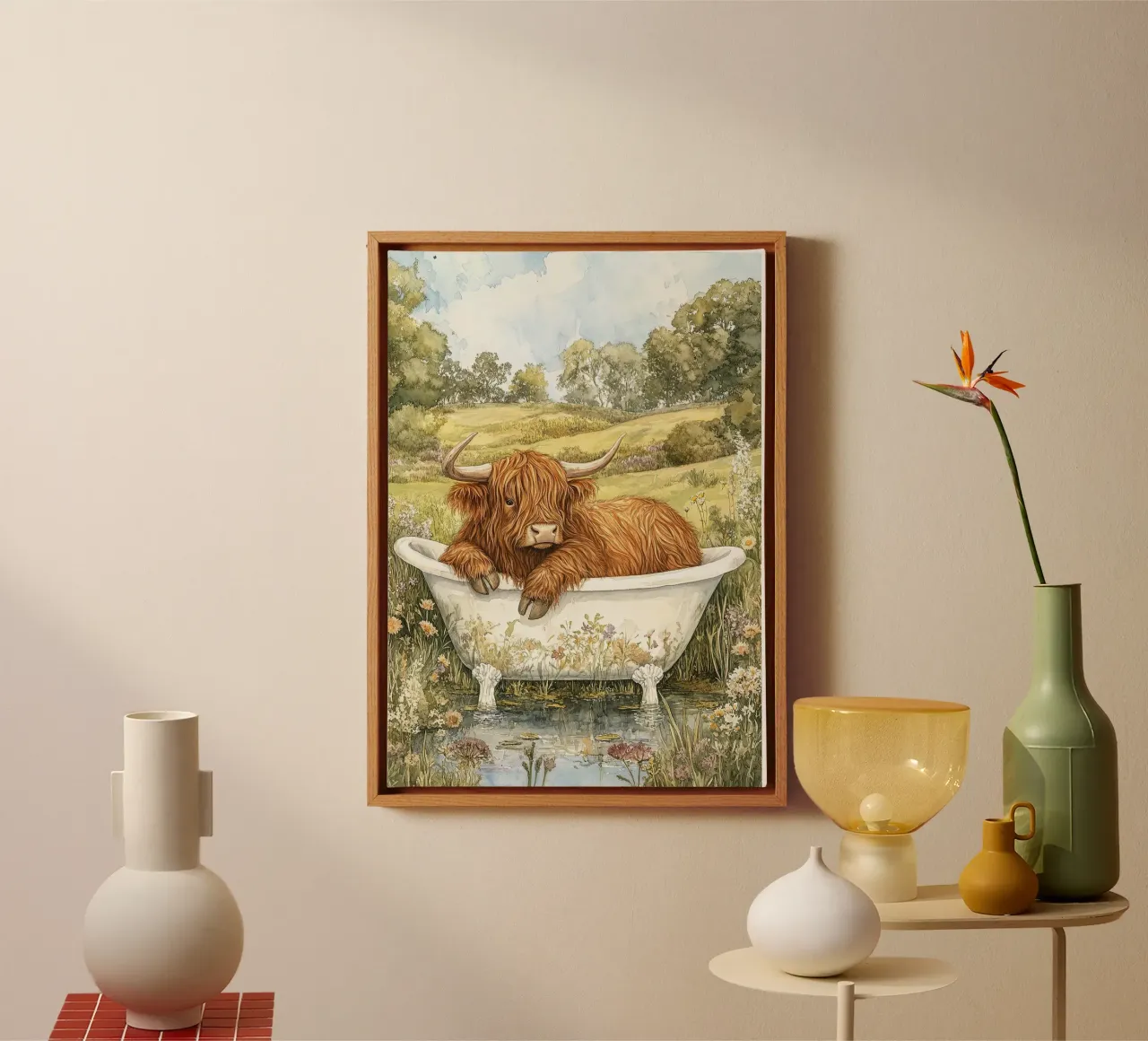 Mucca Highland nella vasca da bagno tela con Cornice a cassetta da Nikis Art Studio