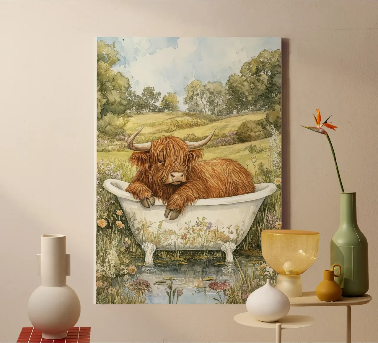 Mucca Highland nella vasca da bagno tela con Cornice a cassetta da Nikis Art Studio