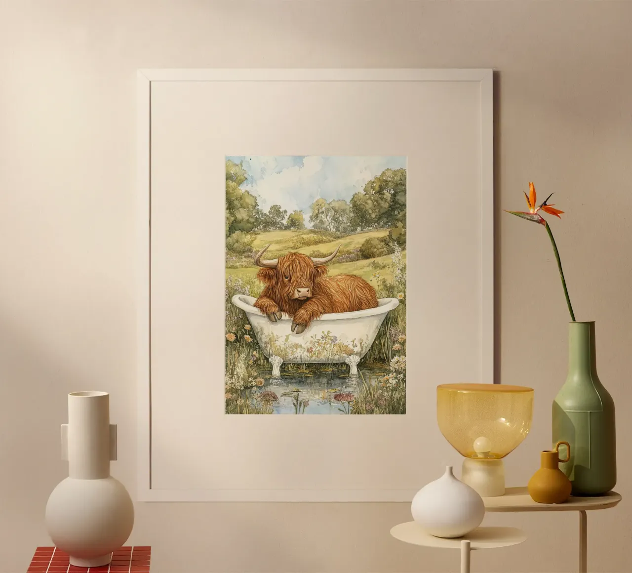 Mucca Highland nella vasca da bagno carta hahnemühle da Nikis Art Studio