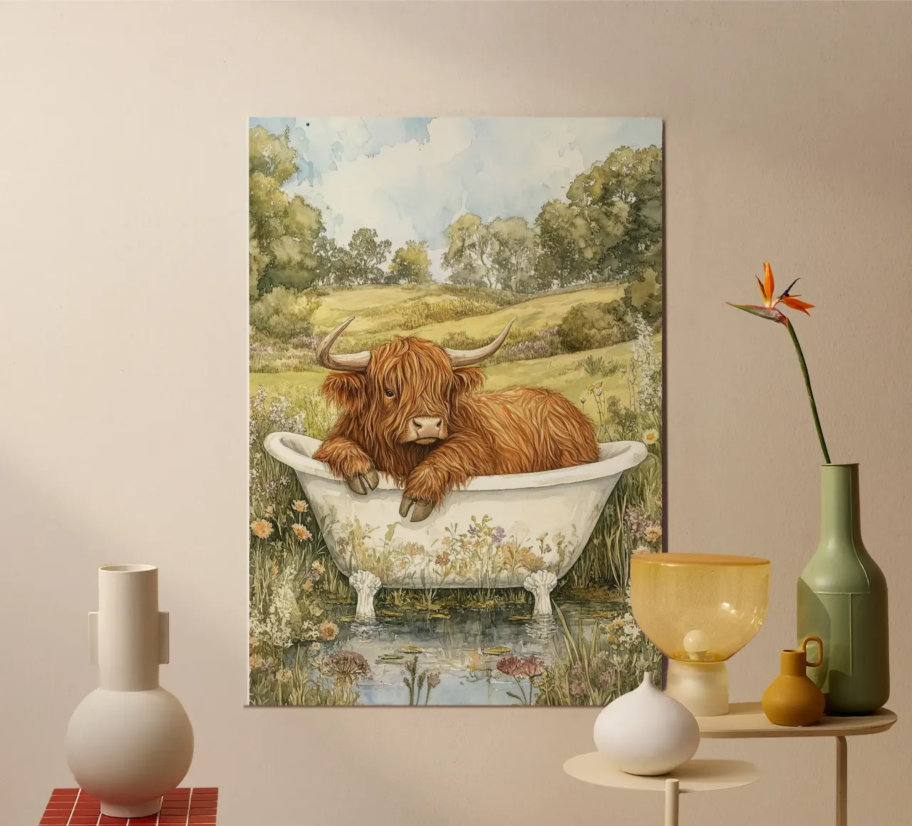 Mucca Highland nella vasca da bagno carta hahnemühle da Nikis Art Studio