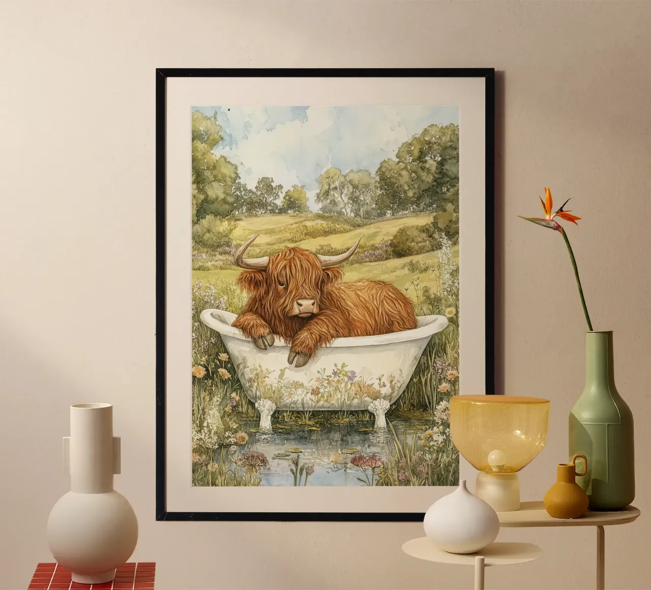 Mucca Highland nella vasca da bagno carta hahnemühle da Nikis Art Studio