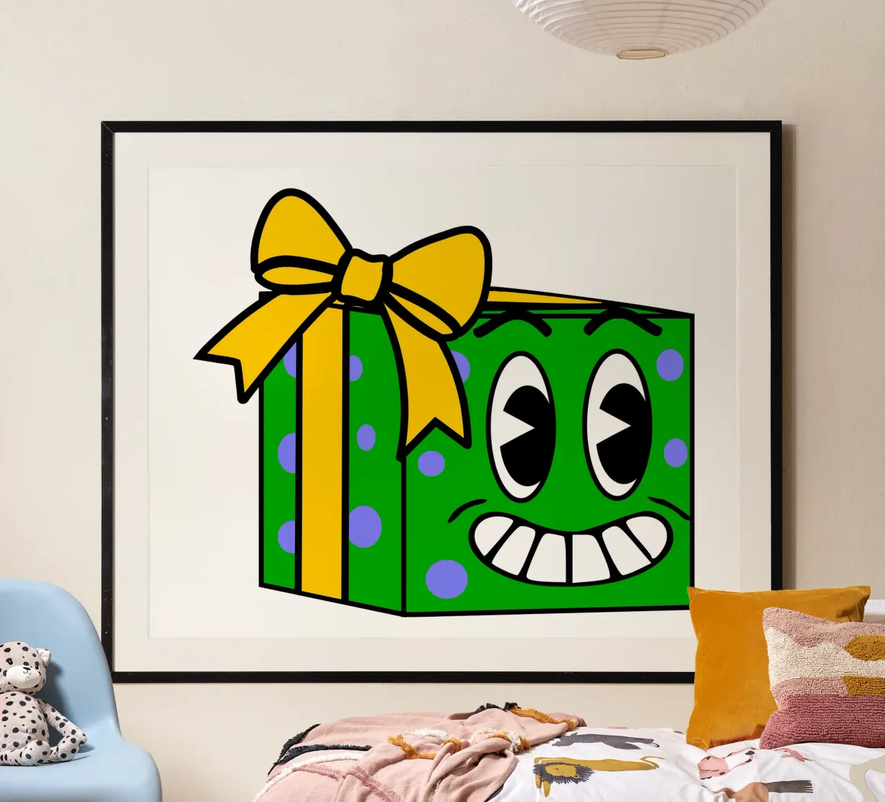 Divertente scatola regalo con cartone animato retrò poster con telaio in legno da sillyindustries