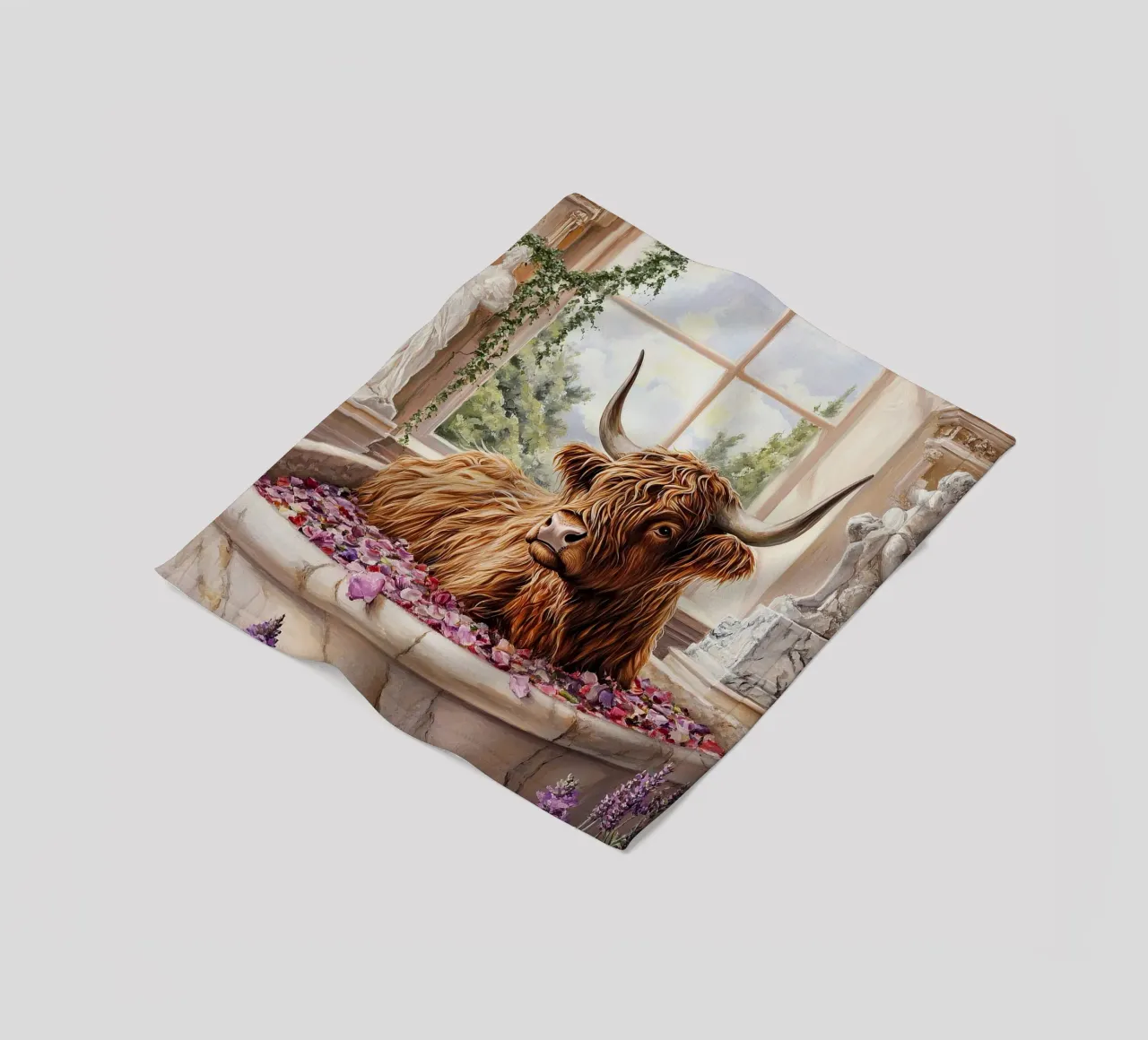 Mucca Highland nella vasca da bagno coperta in pile da Nikis Art Studio