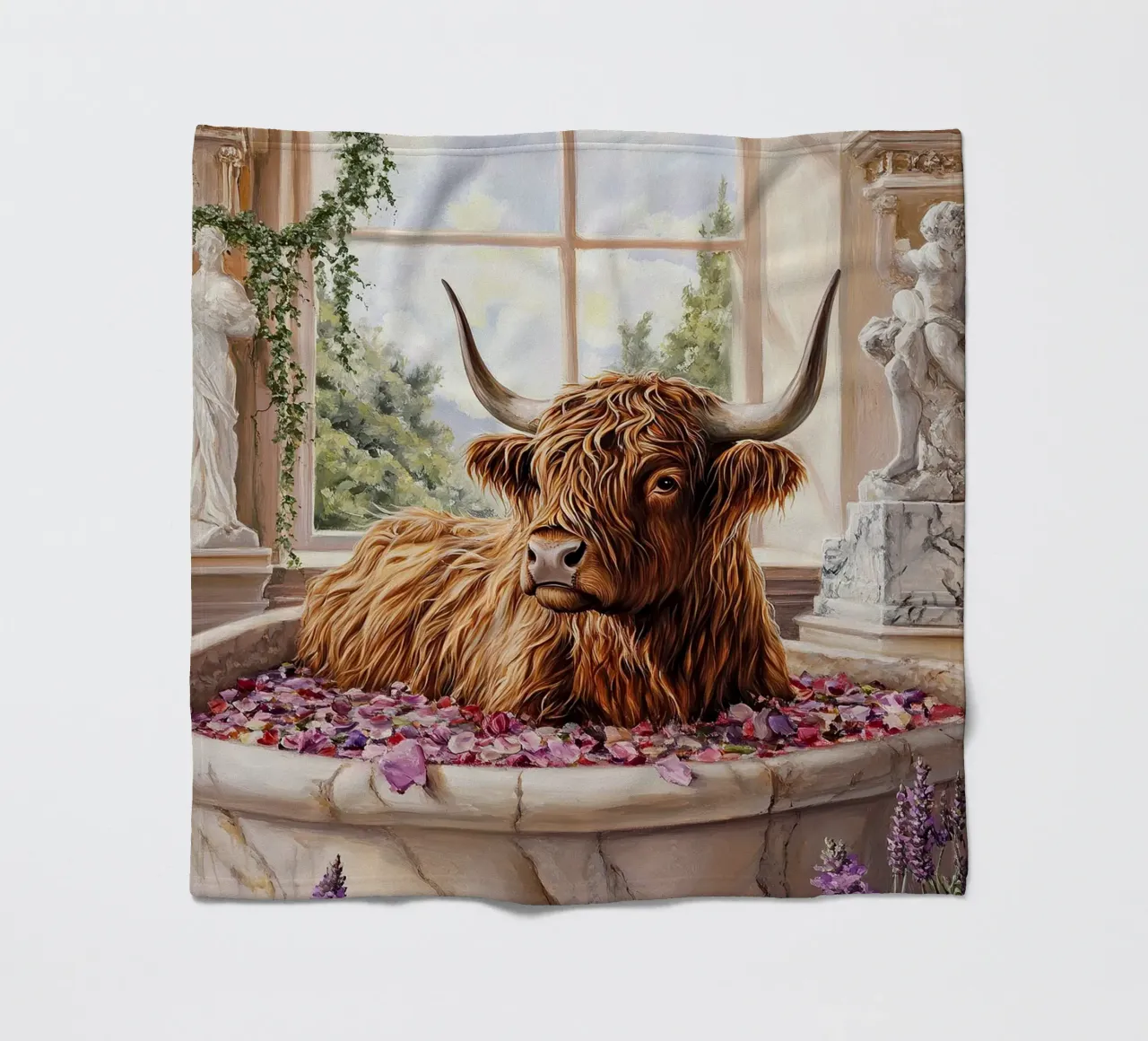 Mucca Highland nella vasca da bagno coperta in pile da Nikis Art Studio