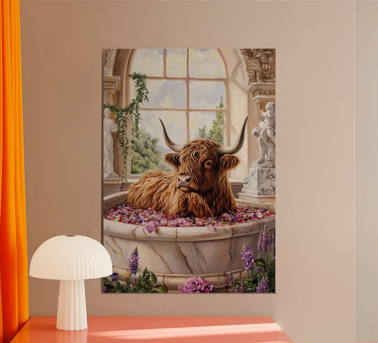 Mucca Highland nella vasca da bagno alluminio dibond da Nikis Art Studio
