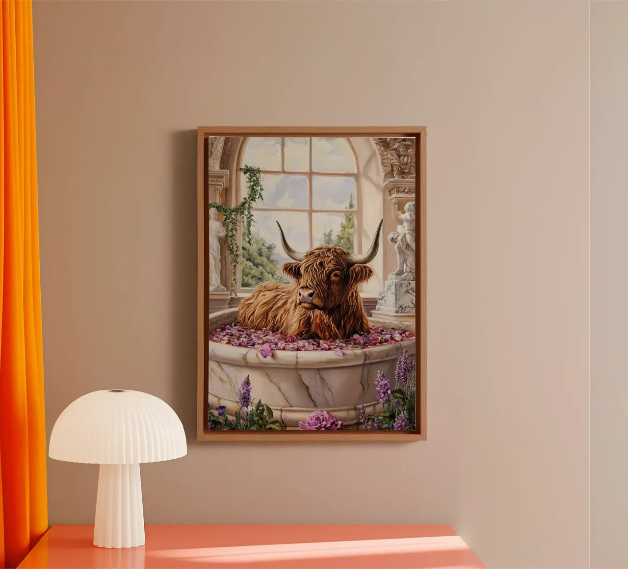 Mucca Highland nella vasca da bagno tela con Cornice a cassetta da Nikis Art Studio