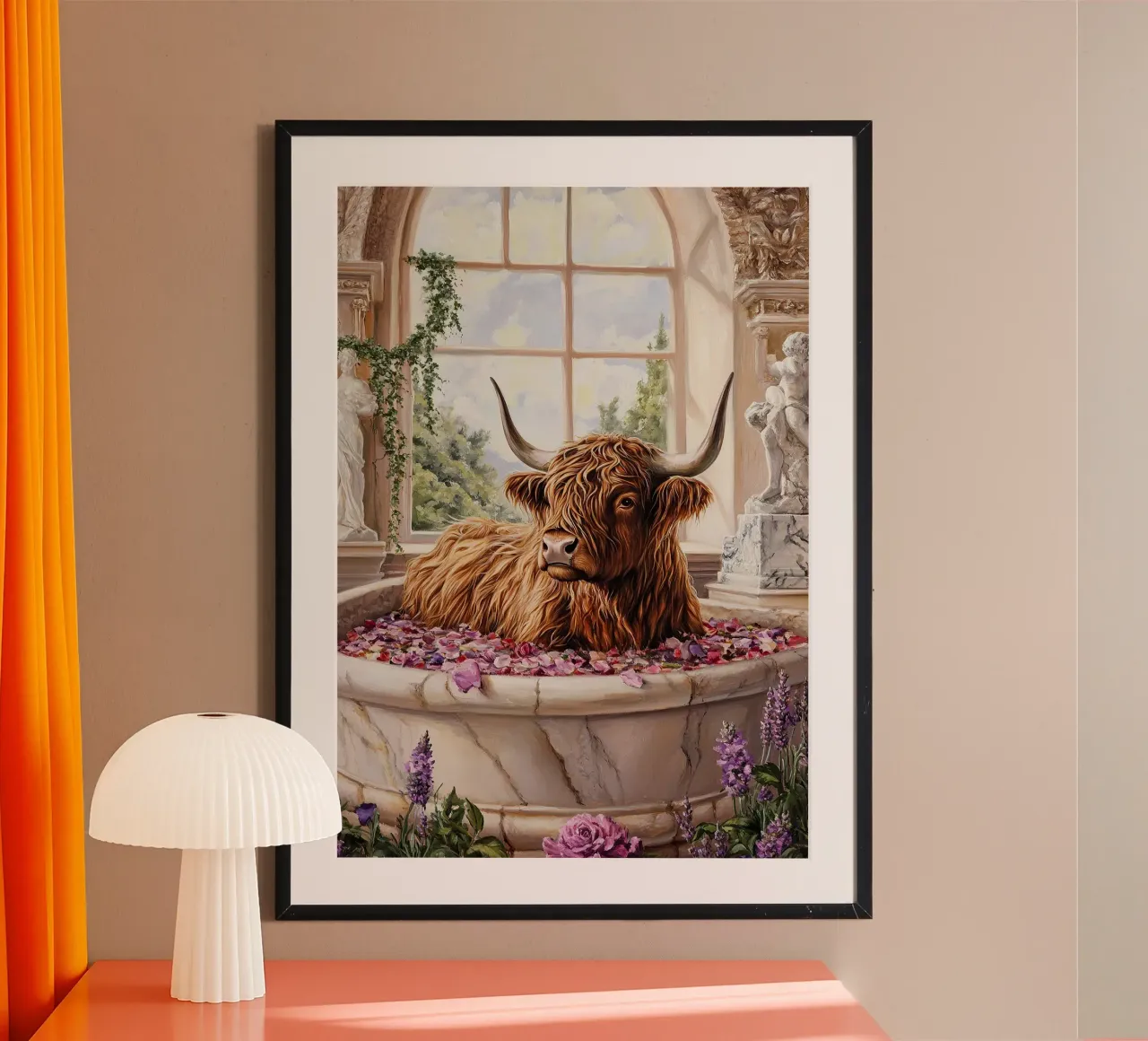 Mucca Highland nella vasca da bagno carta hahnemühle da Nikis Art Studio