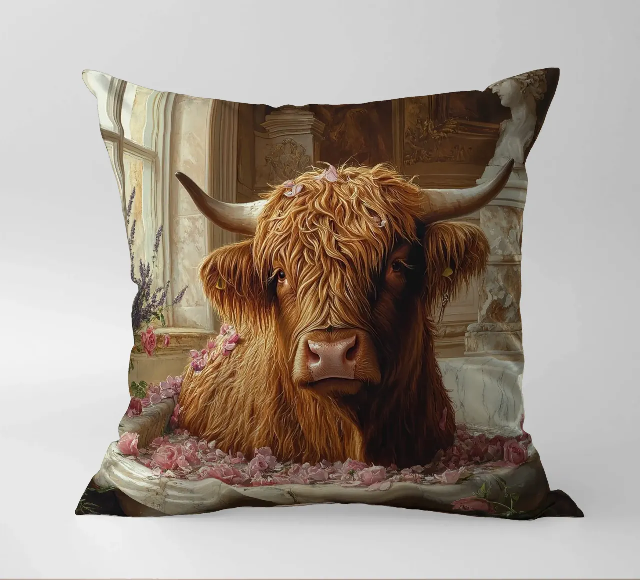 Mucca Highland nella vasca da bagno cuscino da Nikis Art Studio