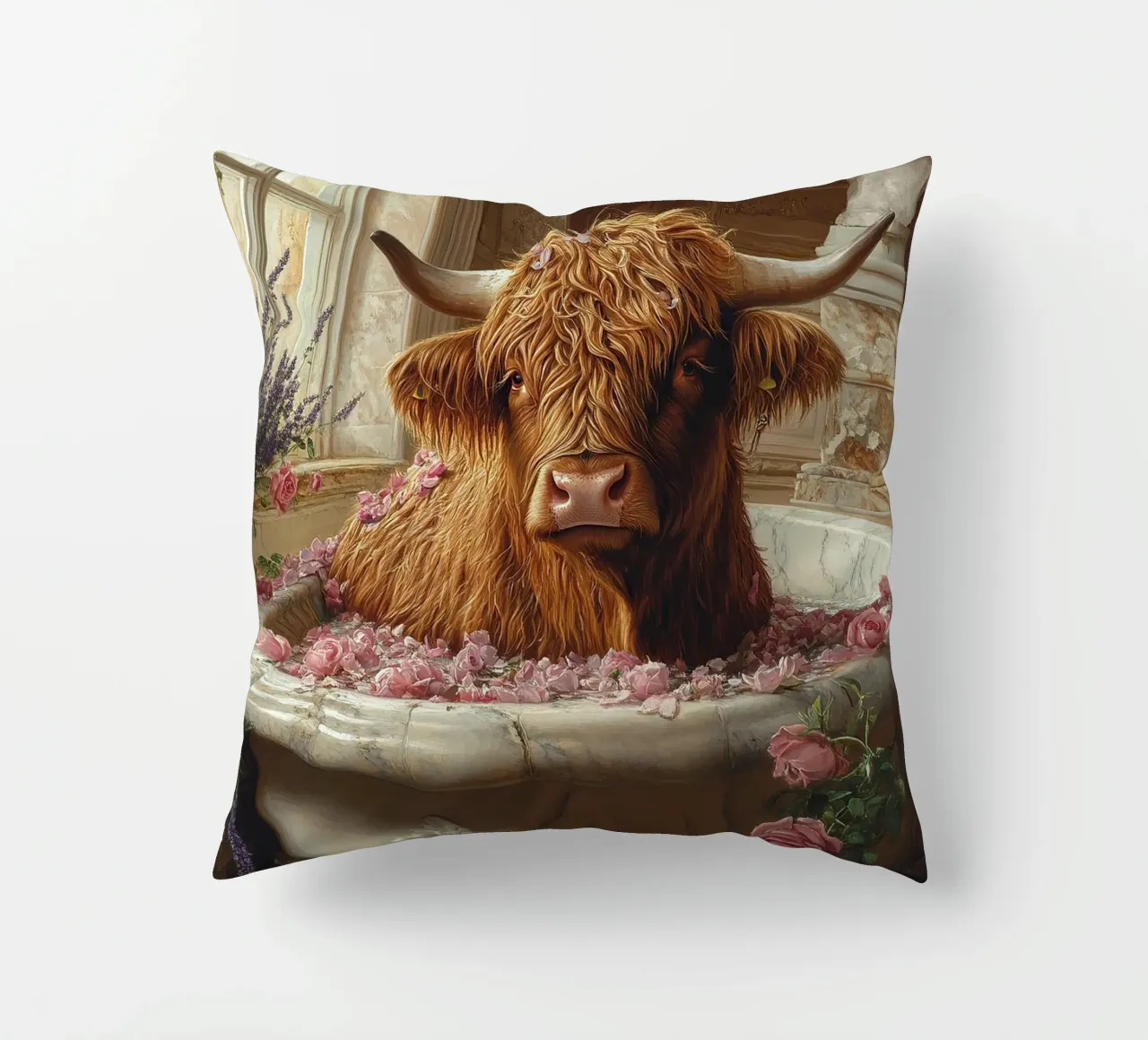 Mucca Highland nella vasca da bagno cuscino da Nikis Art Studio