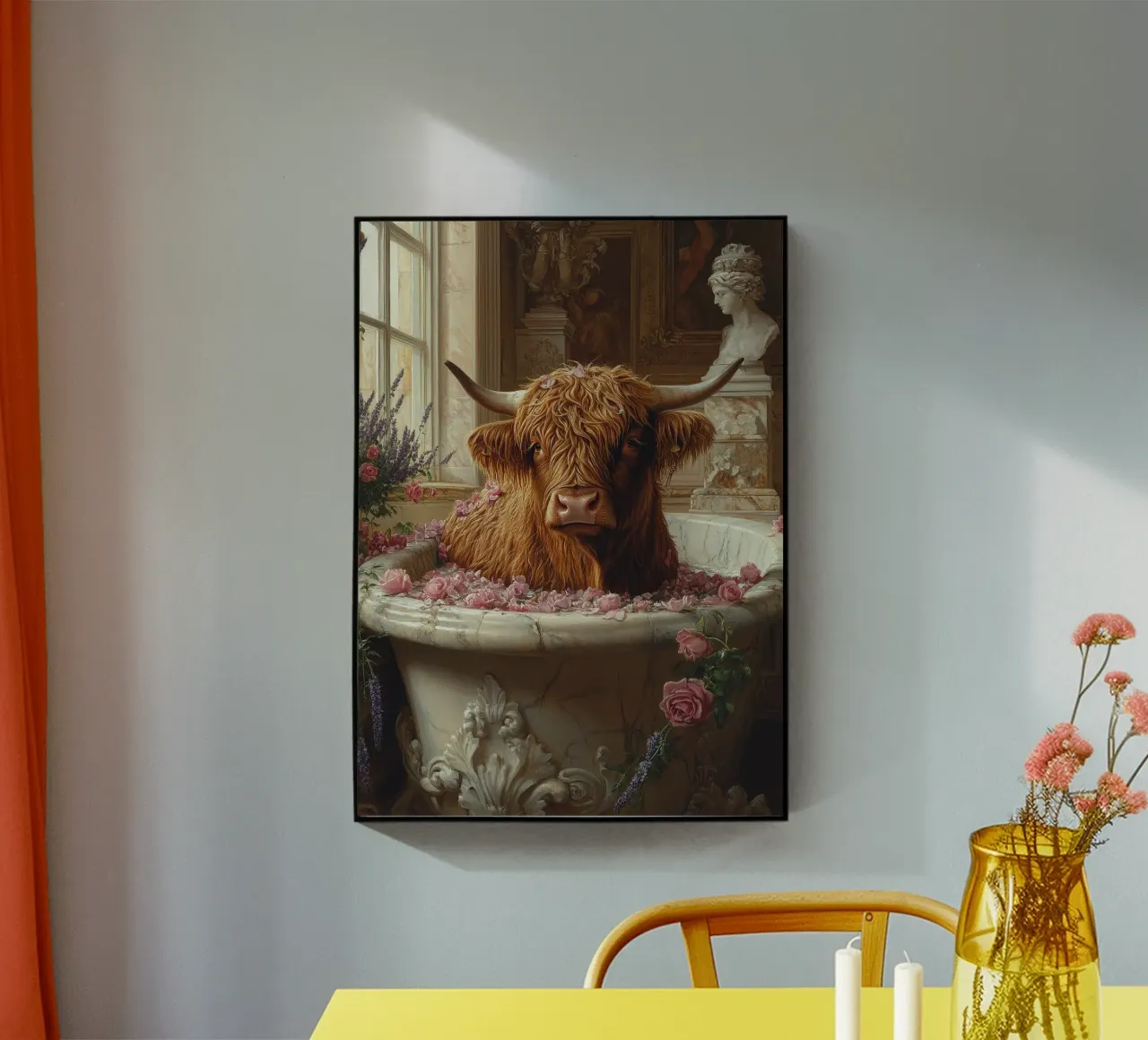 Mucca Highland nella vasca da bagno plexiglass da Nikis Art Studio