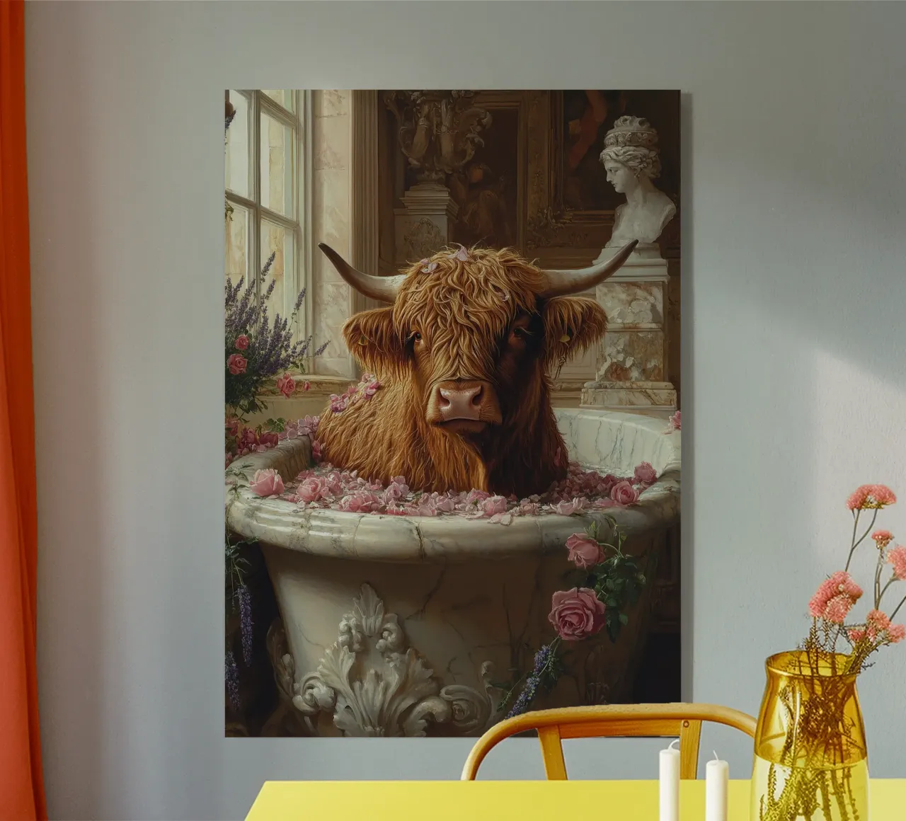 Mucca Highland nella vasca da bagno plexiglass da Nikis Art Studio