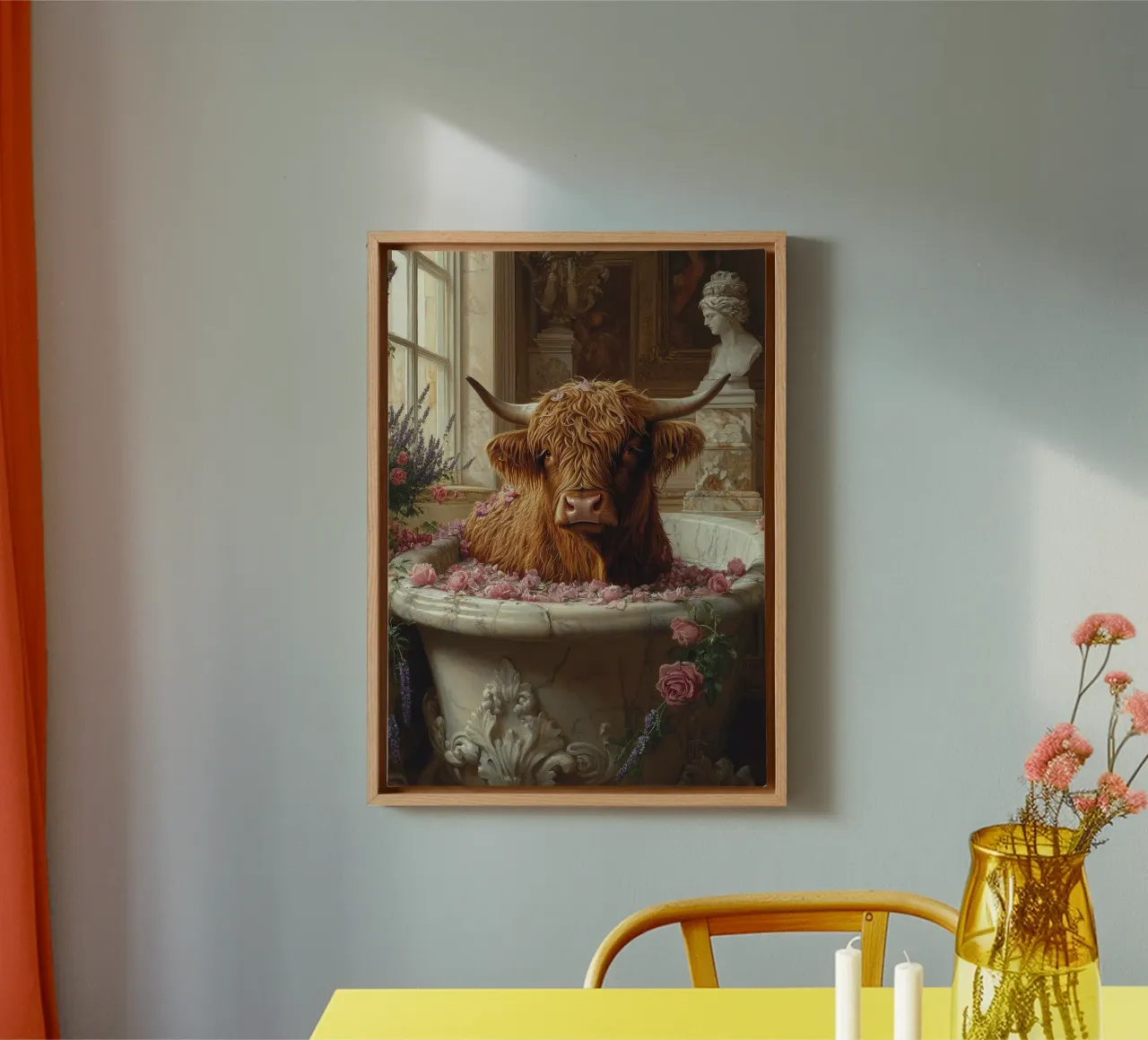 Hooglandse koe in bad canvas met Baklijst van Nikis Art Studio