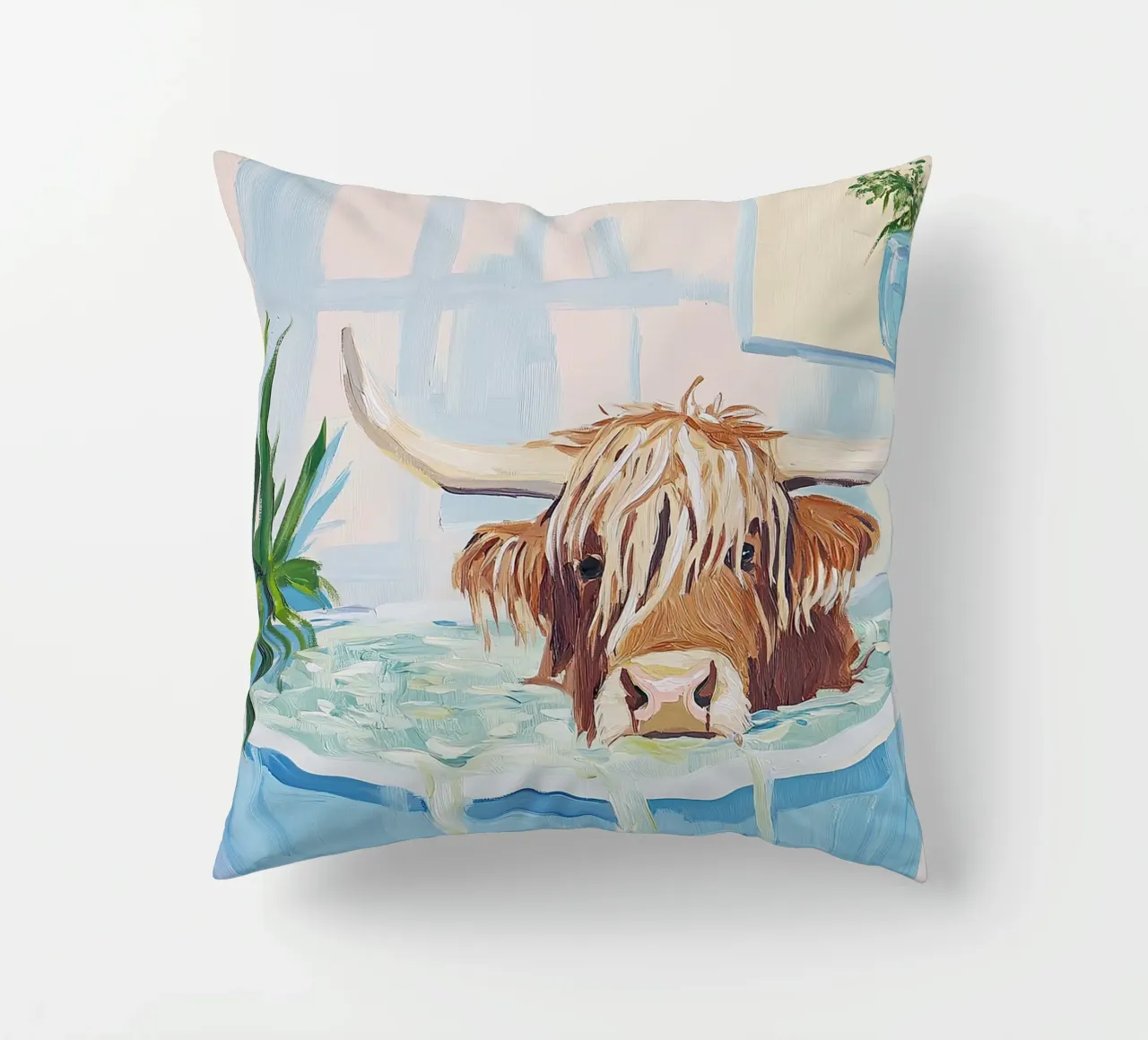 Mucca Highland nella vasca da bagno cuscino da Nikis Art Studio