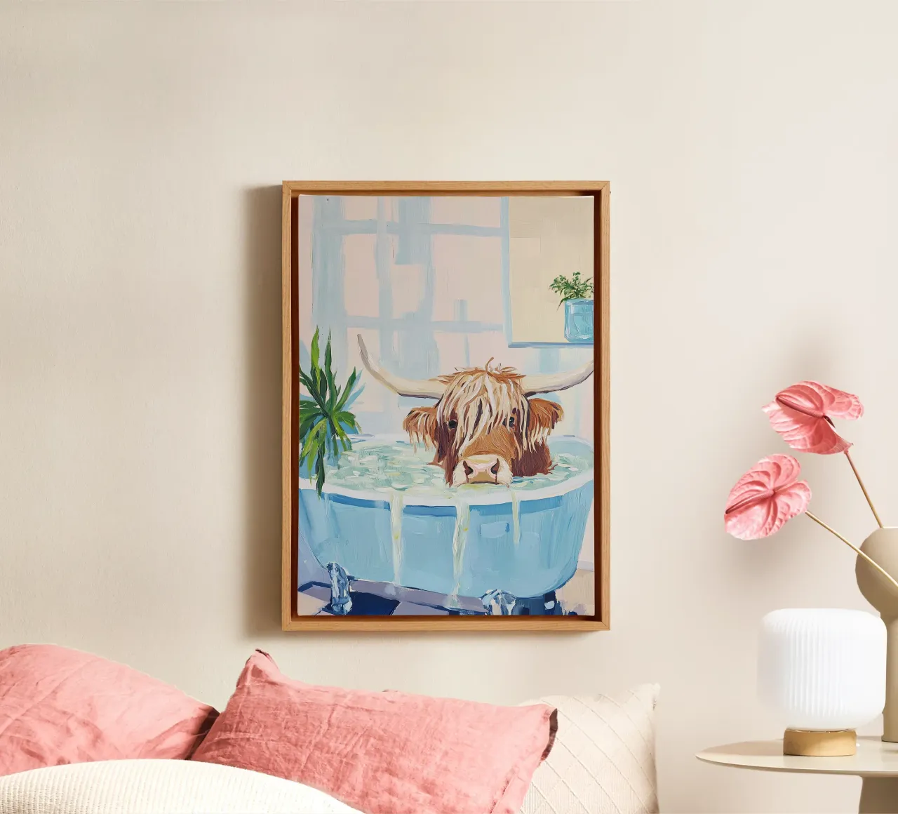 Hooglandse koe in bad canvas met Baklijst van Nikis Art Studio