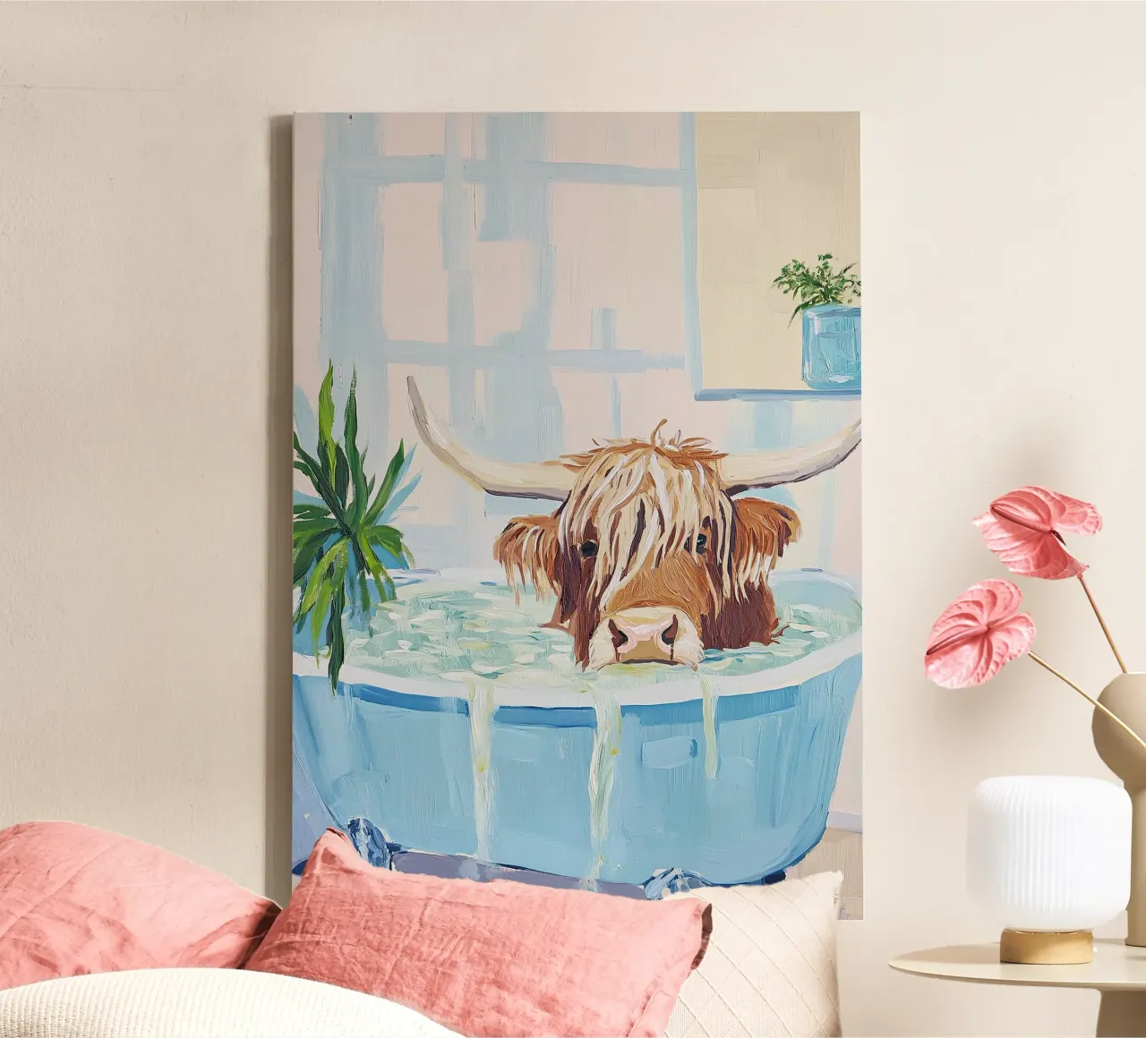 Hooglandse koe in bad canvas met Baklijst van Nikis Art Studio