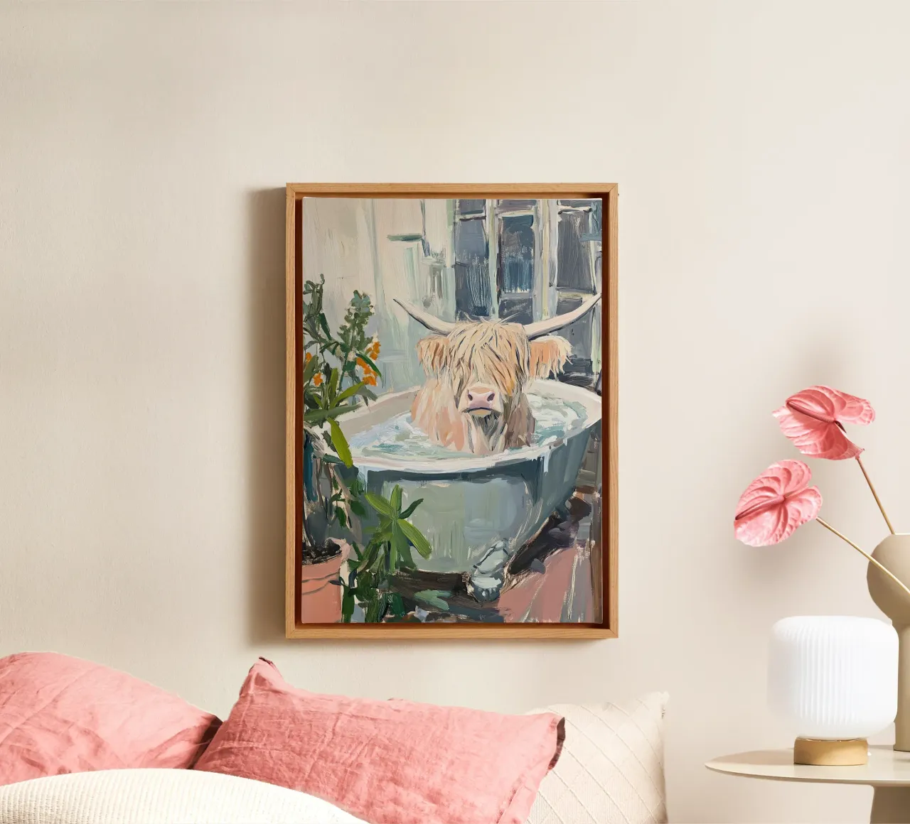 Hooglandse koe in bad canvas met Baklijst van Nikis Art Studio