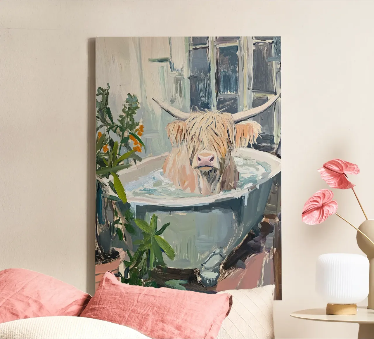 Hooglandse koe in bad canvas met Baklijst van Nikis Art Studio