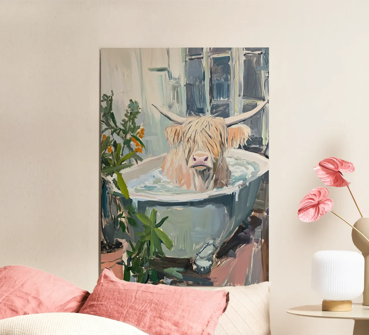 Mucca Highland nella vasca da bagno carta hahnemühle da Nikis Art Studio