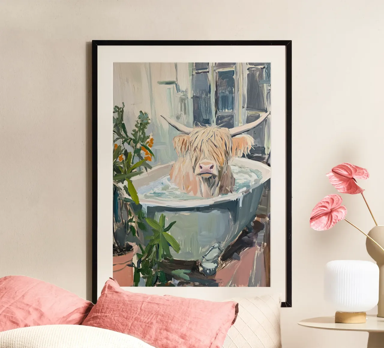 Mucca Highland nella vasca da bagno carta hahnemühle da Nikis Art Studio