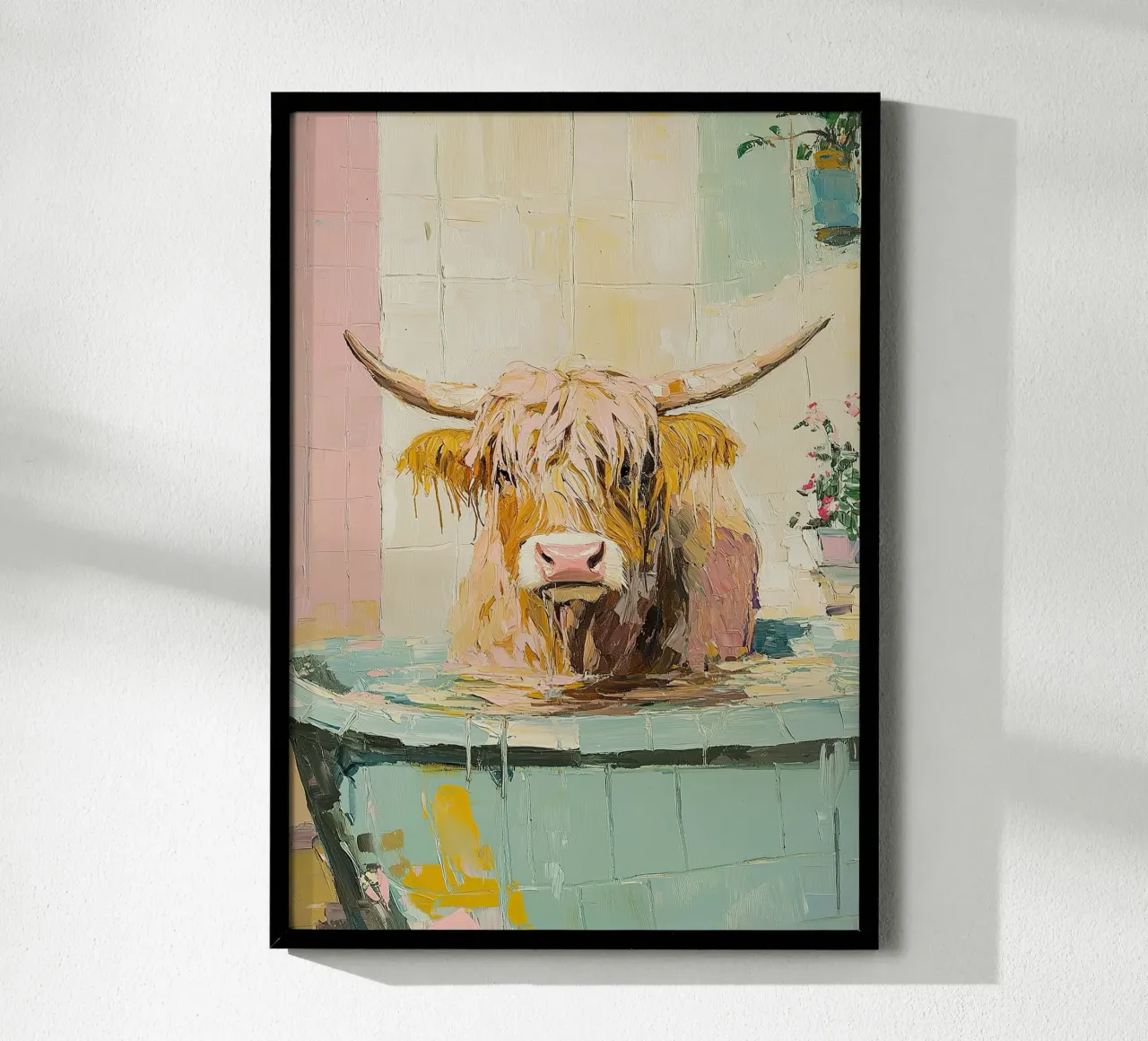 Mucca Highland nella vasca da bagno carta hahnemühle da Nikis Art Studio