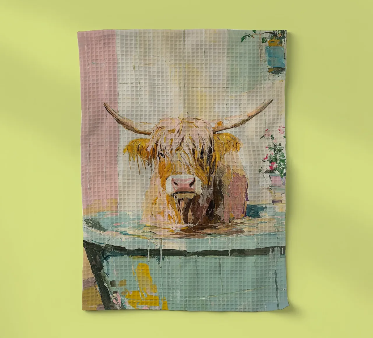 Mucca Highland nella vasca da bagno canovaccio da cucina da Nikis Art Studio
