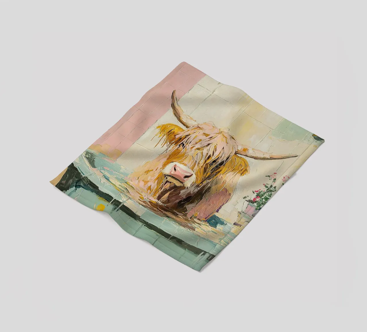 Mucca Highland nella vasca da bagno coperta in pile da Nikis Art Studio