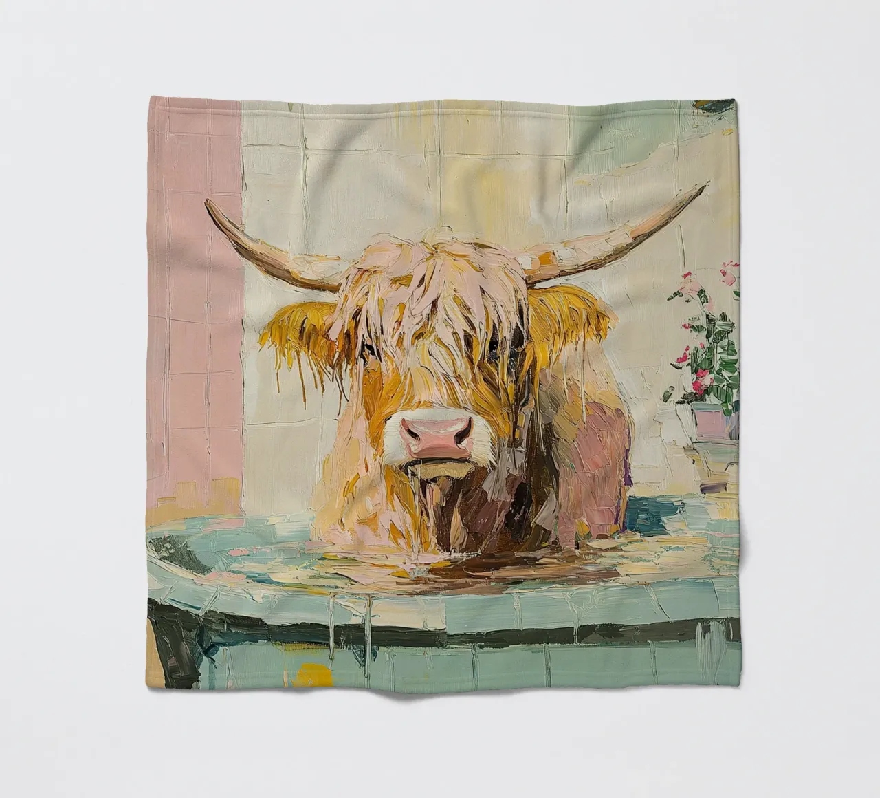Mucca Highland nella vasca da bagno coperta in pile da Nikis Art Studio