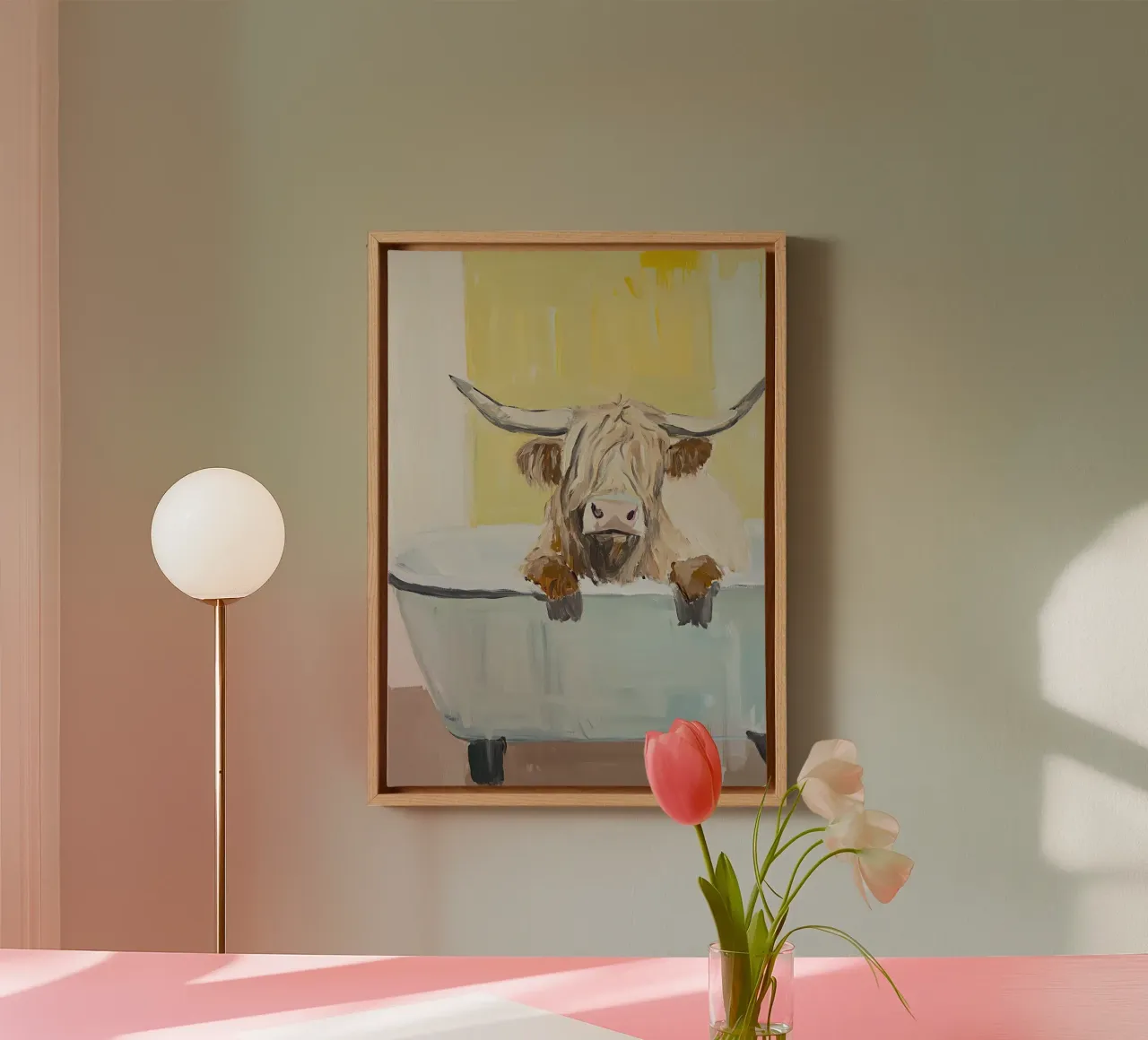 Hooglandse koe in bad canvas met Baklijst van Nikis Art Studio