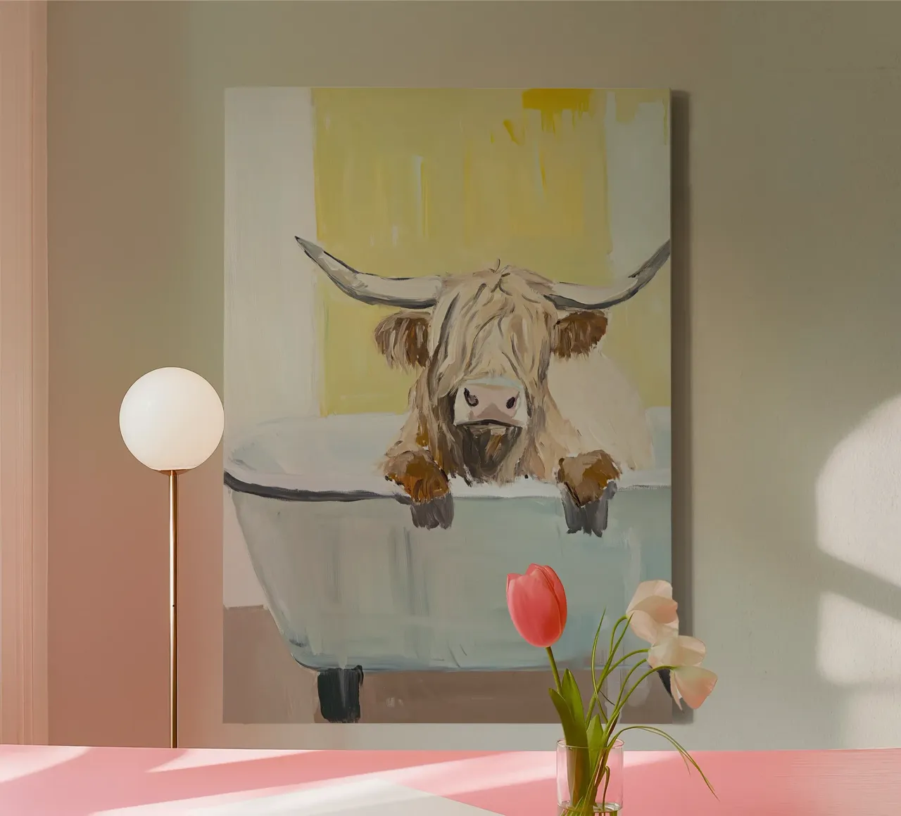 Hooglandse koe in bad canvas met Baklijst van Nikis Art Studio