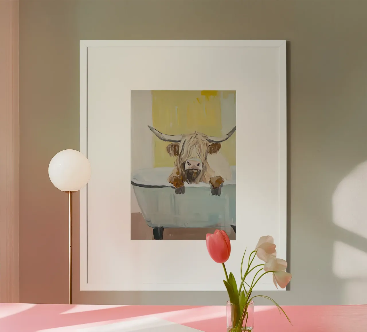 Mucca Highland nella vasca da bagno carta hahnemühle da Nikis Art Studio