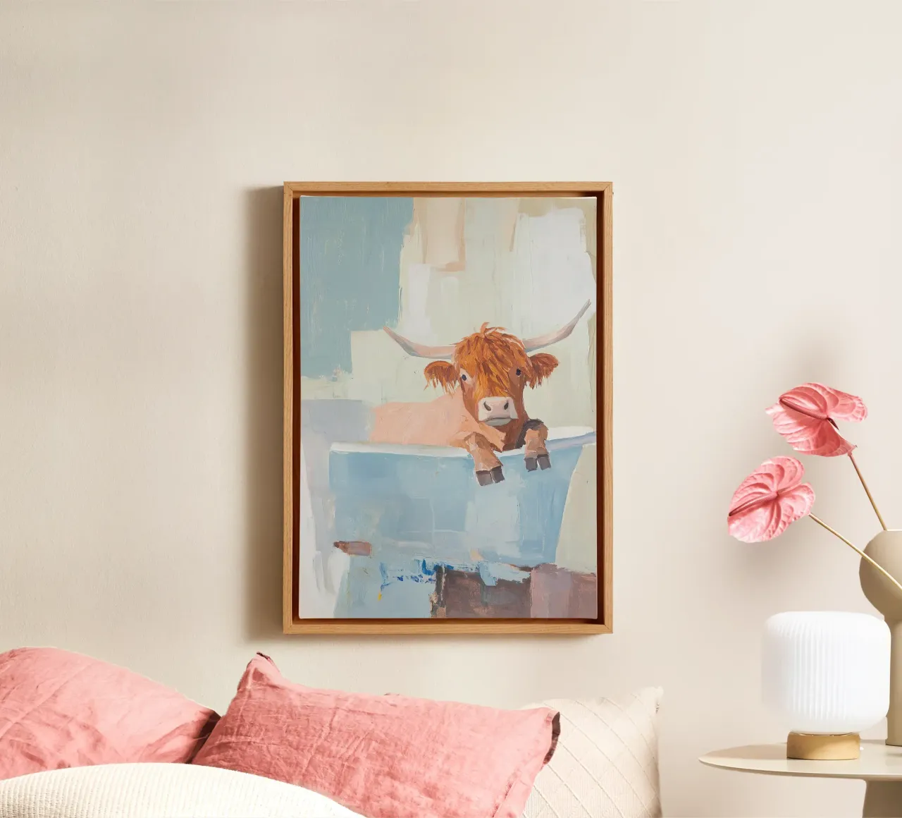 Hooglandse koe in bad canvas met Baklijst van Nikis Art Studio