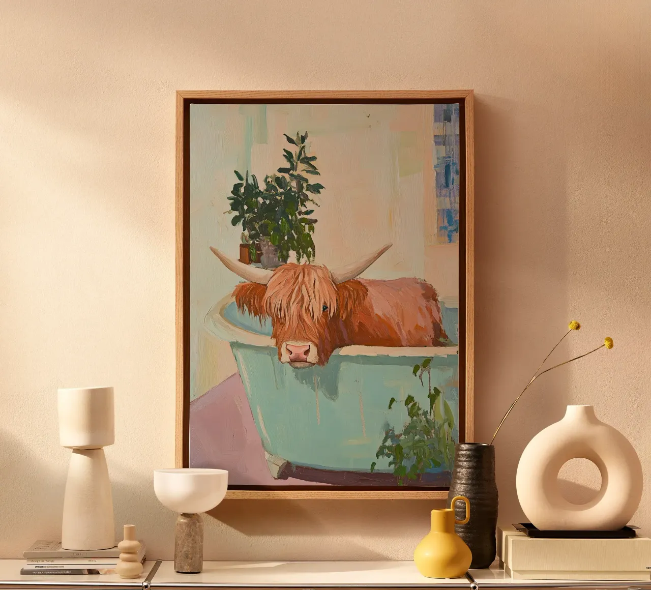 Hooglandse koe in bad canvas met Baklijst van Nikis Art Studio
