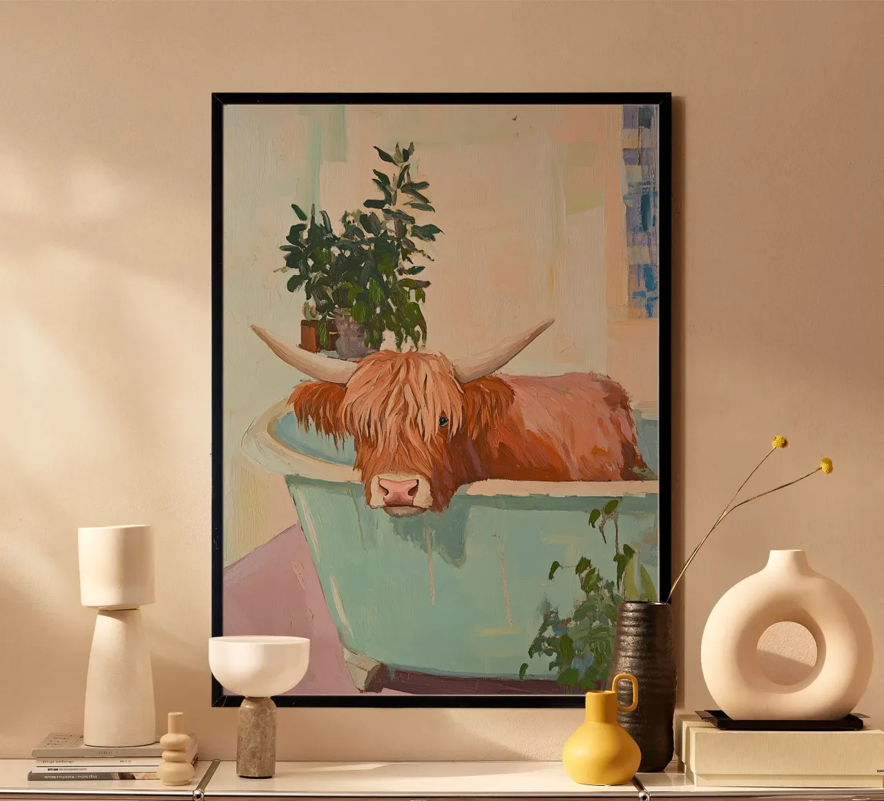 Mucca Highland nella vasca da bagno carta hahnemühle da Nikis Art Studio