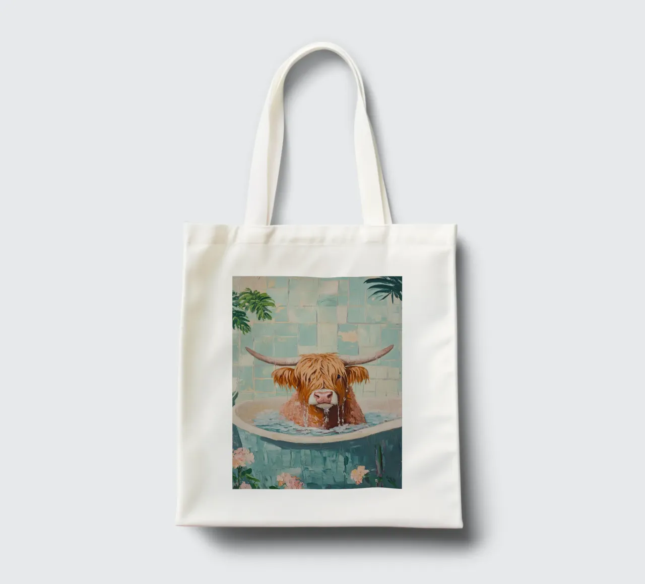 Mucca Highland nella vasca da bagno borsa in juta da Nikis Art Studio