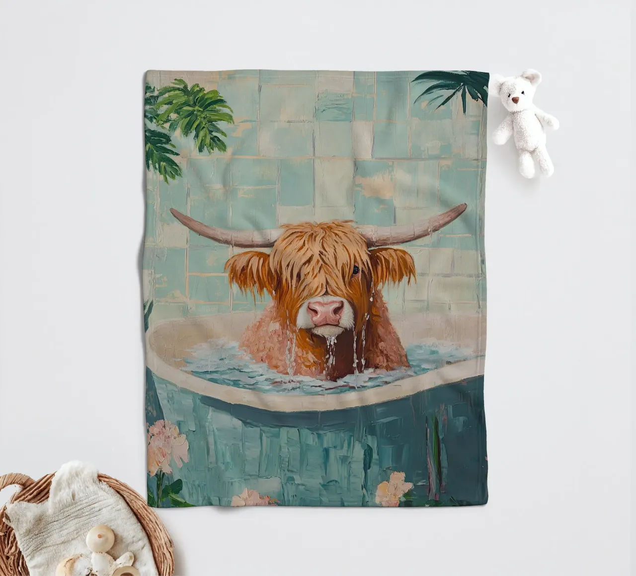 Mucca Highland nella vasca da bagno coperta in pile da Nikis Art Studio