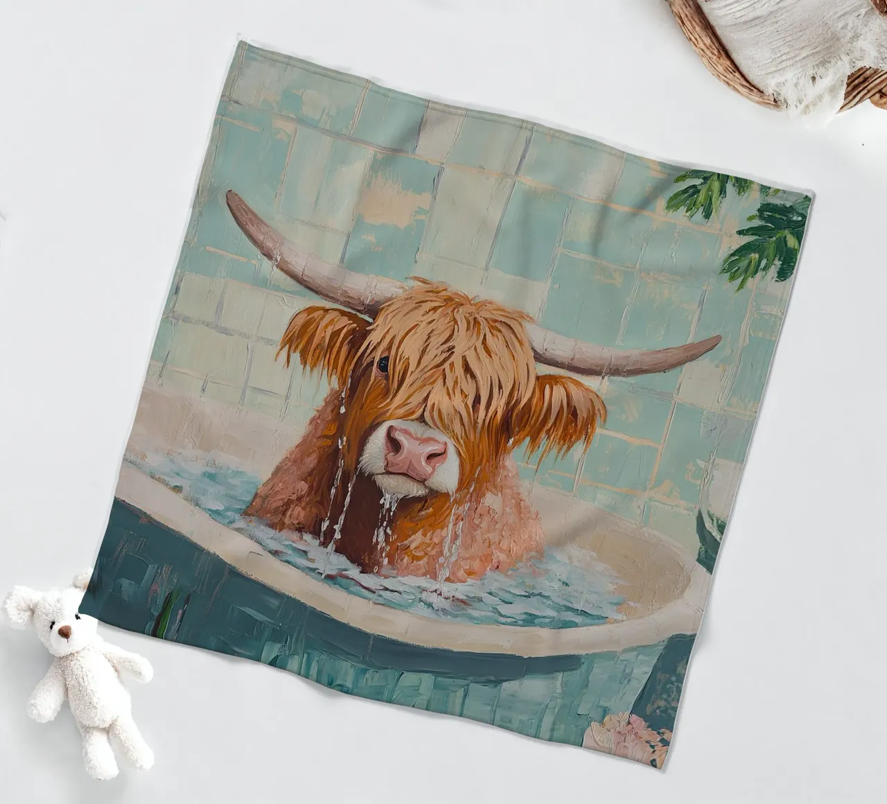 Mucca Highland nella vasca da bagno coperta in pile da Nikis Art Studio