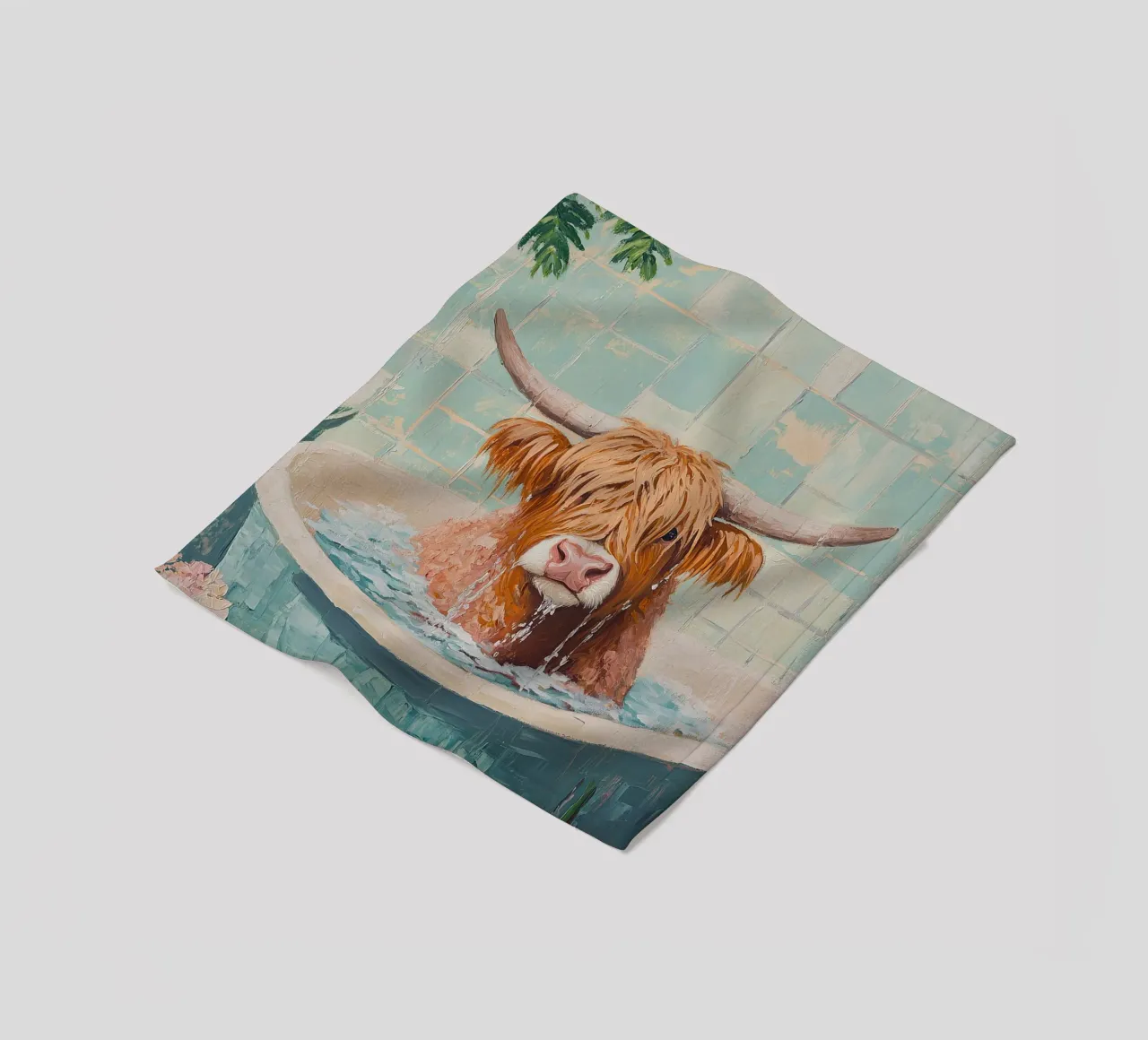 Mucca Highland nella vasca da bagno coperta in pile da Nikis Art Studio