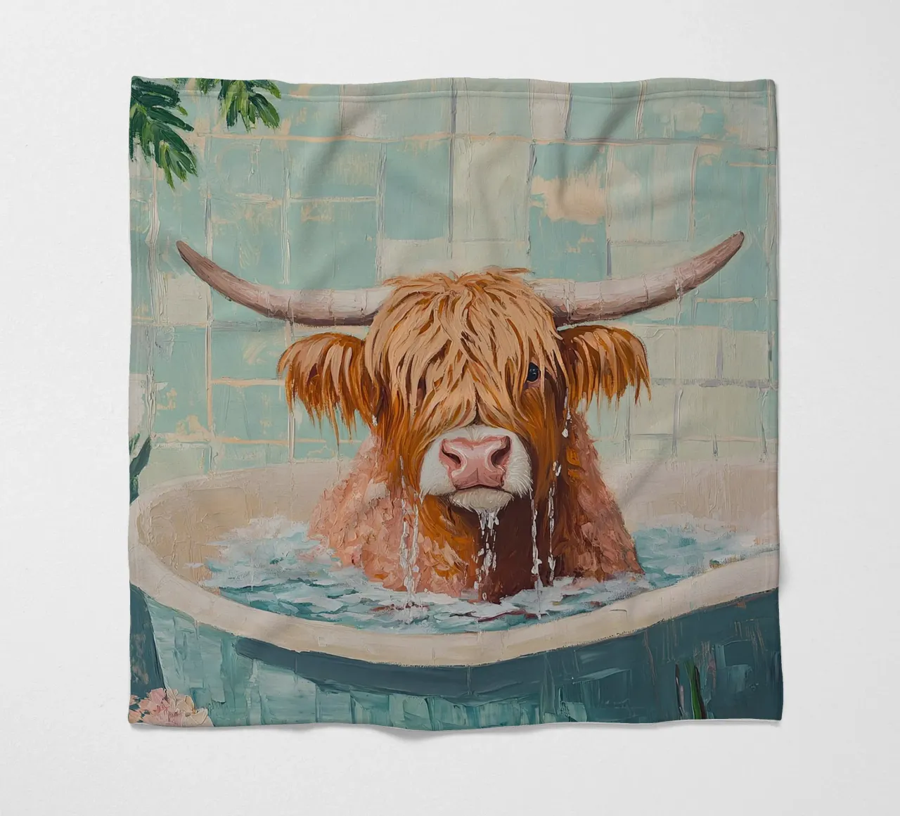 Mucca Highland nella vasca da bagno coperta in pile da Nikis Art Studio