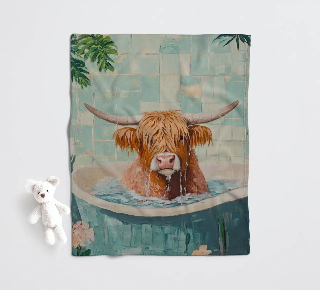 Mucca Highland nella vasca da bagno coperta in pile da Nikis Art Studio