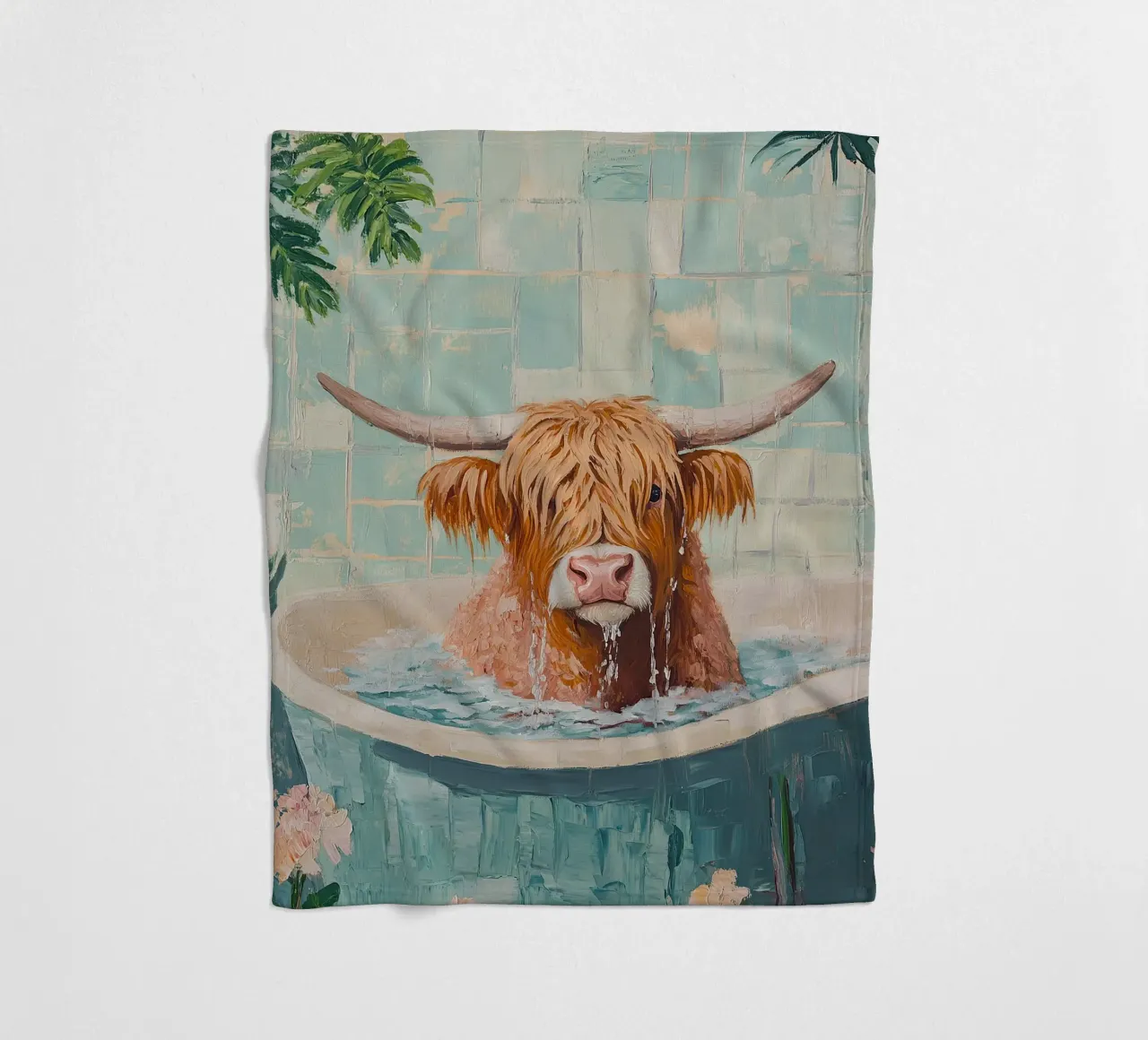 Mucca Highland nella vasca da bagno coperta in pile da Nikis Art Studio