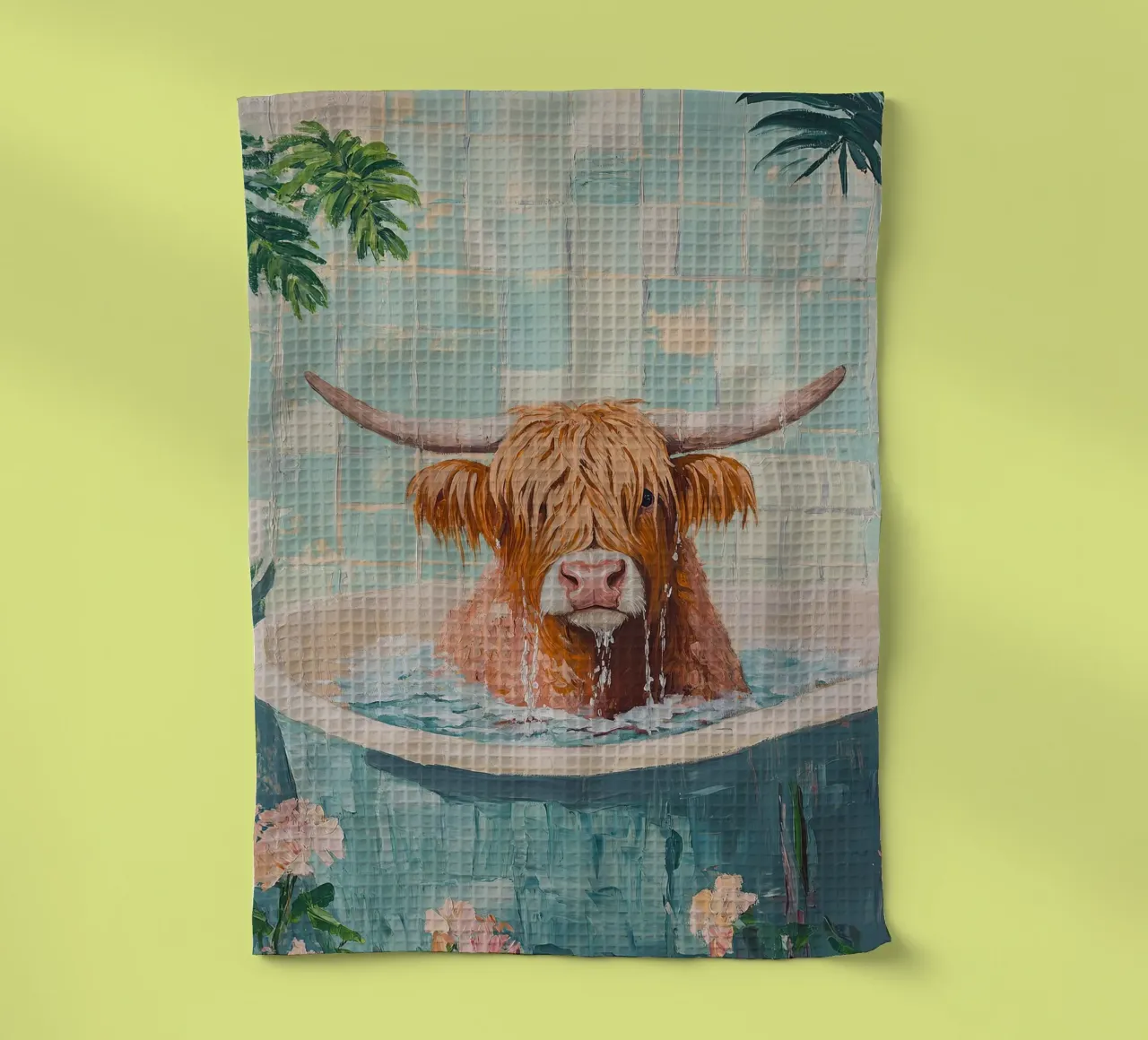 Mucca Highland nella vasca da bagno canovaccio da cucina da Nikis Art Studio