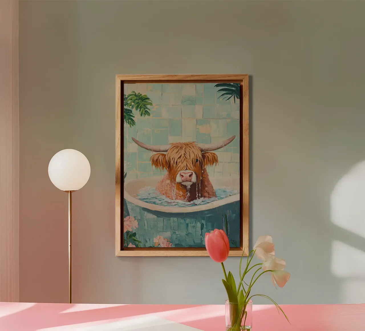 Mucca Highland nella vasca da bagno alluminio dibond da Nikis Art Studio