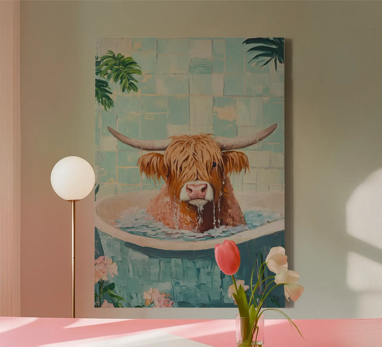 Mucca Highland nella vasca da bagno tela con Cornice a cassetta da Nikis Art Studio