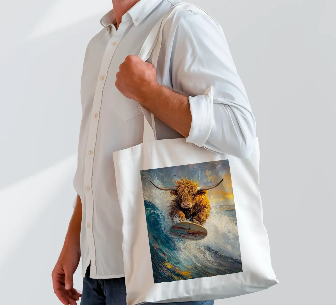 Mucca Highland surft borsa in juta da Nikis Art Studio