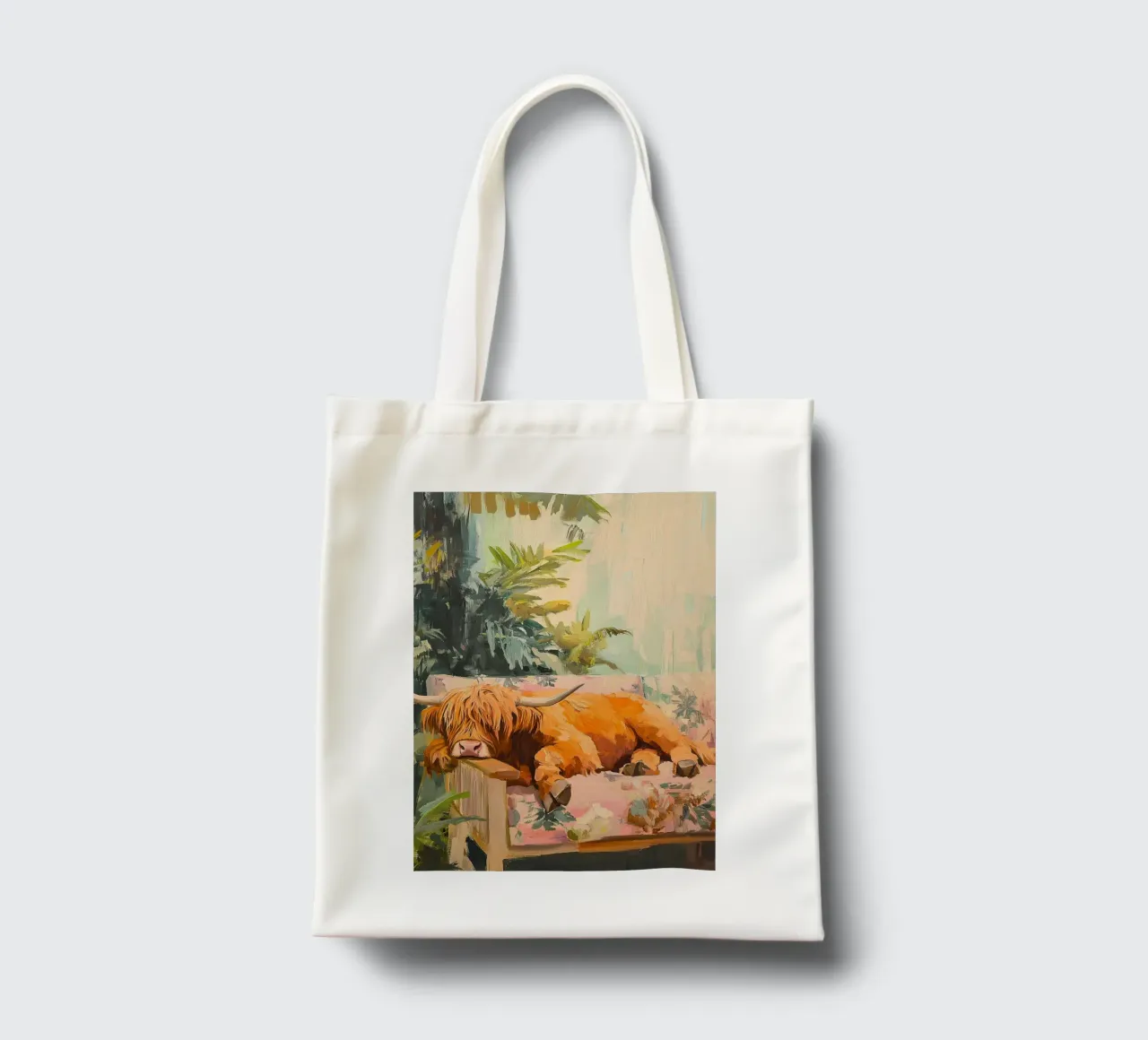 Mucca Highland sul divano borsa in juta da Nikis Art Studio