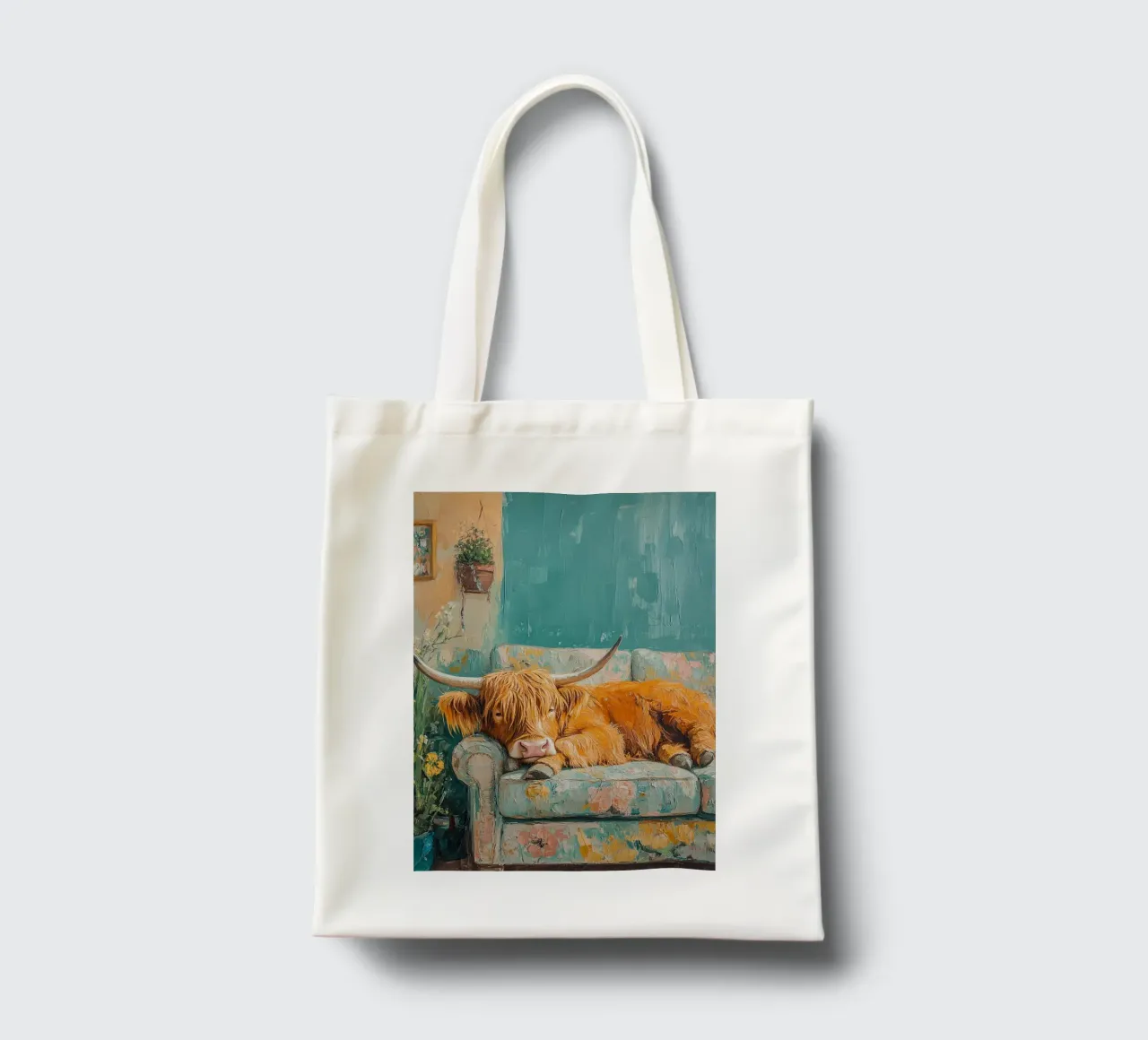 Mucca Highland sul divano borsa in juta da Nikis Art Studio