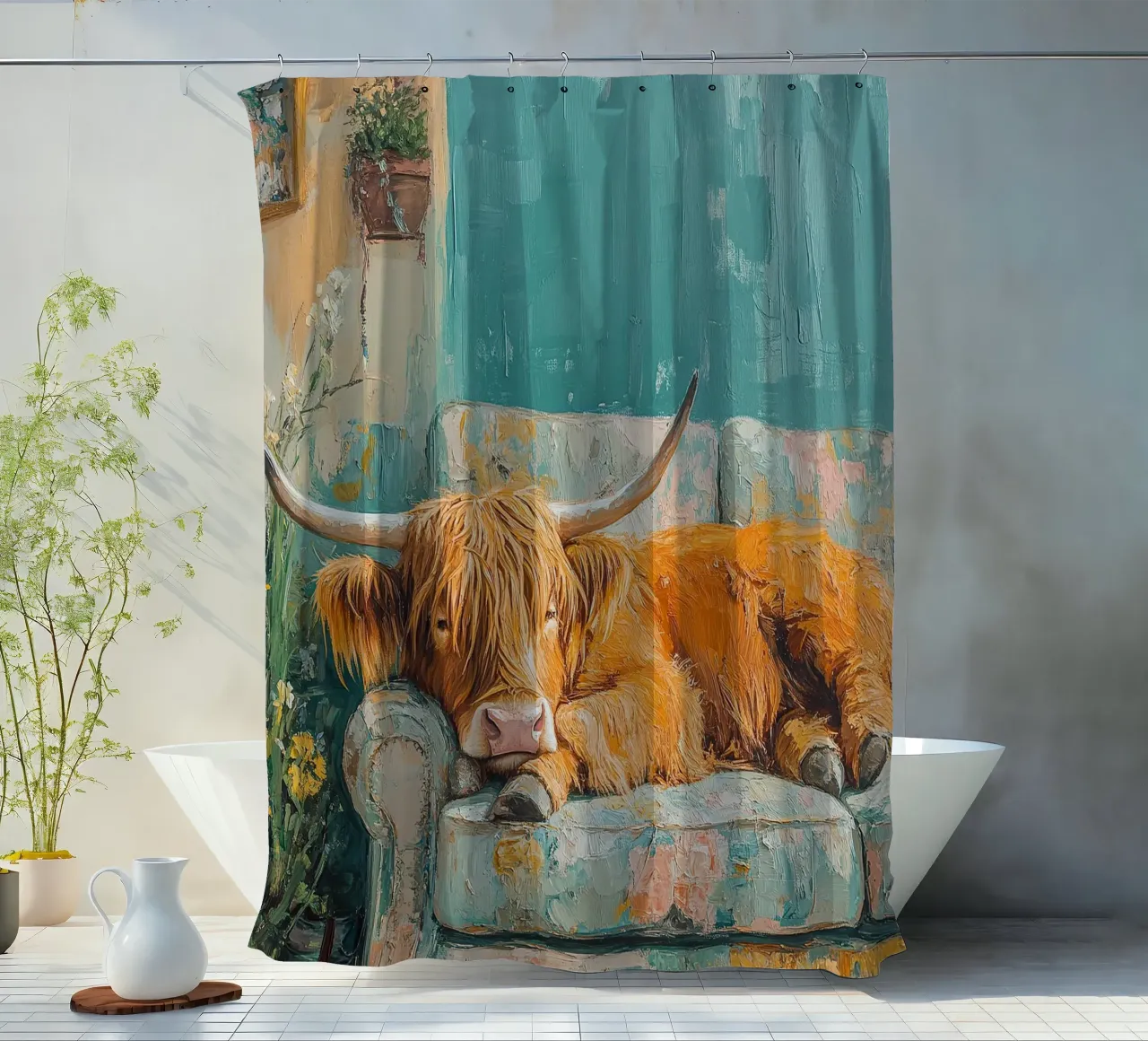 Mucca Highland sul divano tenda da doccia da Nikis Art Studio