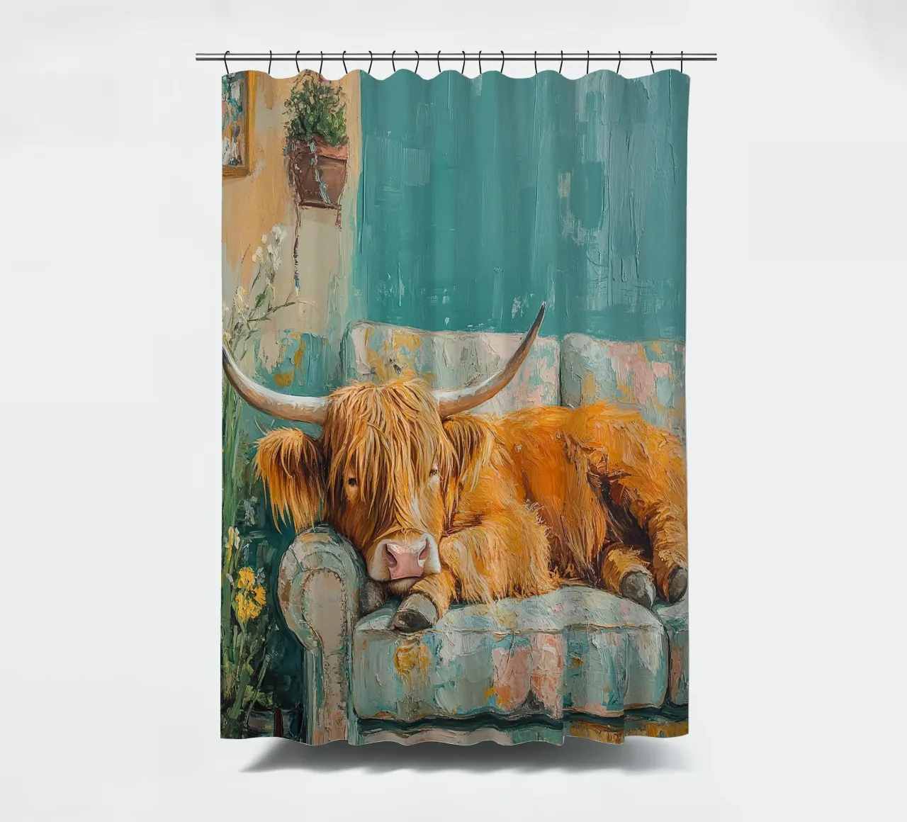 Mucca Highland sul divano tenda da doccia da Nikis Art Studio